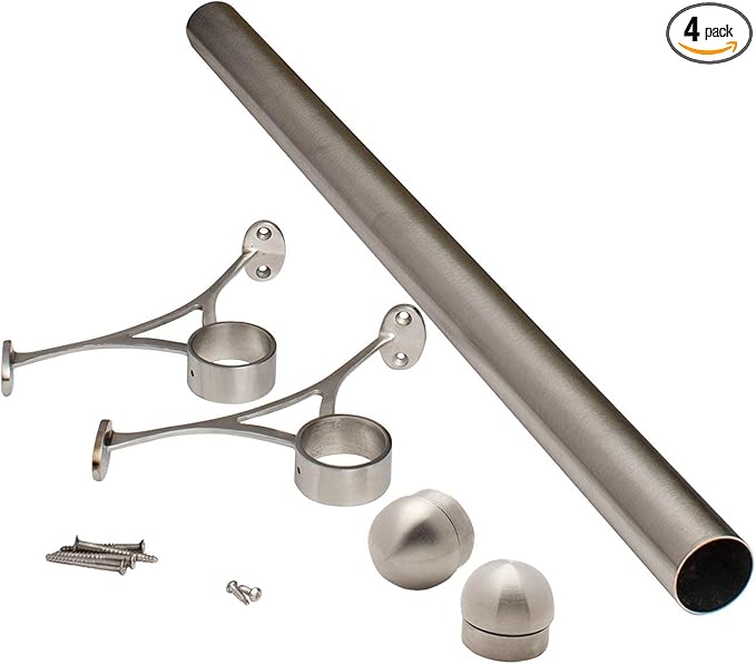 OUTWATER 2 Diameter x 4' Bar Foot Rail Kit – Complete Undercounter Mount Hardware and Tubing Dome End Cap Satin Stainless Steel Finish