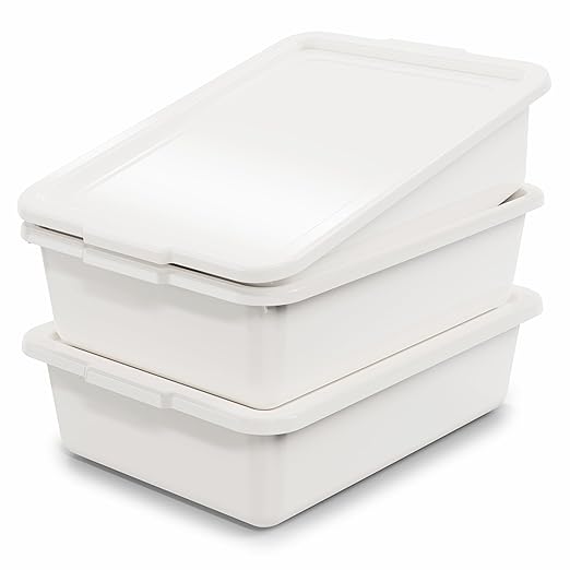 White 13 L Commercial Bus Tubs/Tote Box with Lid 3-Pack Plastic Storage Wash Basin Tub