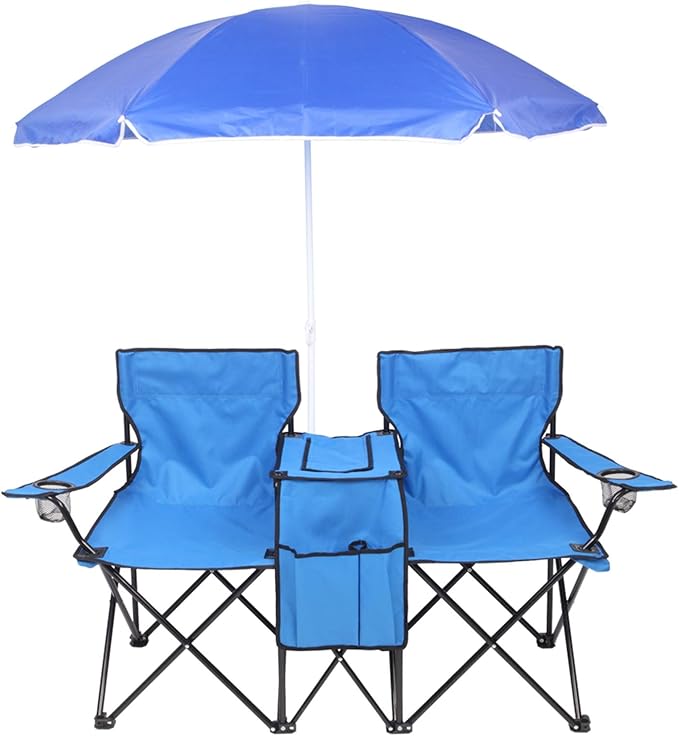 Double Camping Chair with Umbrella Folding Beach Chair Loveseat Chairs with Canopy Shade and Cooler Bag Double Rocker Chair Outdoor for Camping Beach Picnic Fishing Patio Pool Park