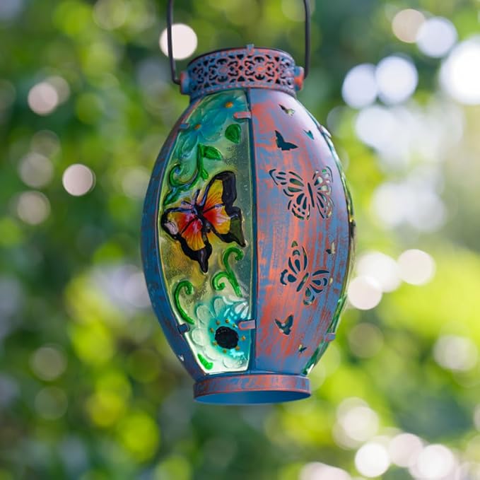 Butterfly Hanging Solar Lantern Outdoor Garden Decor Butterfly Lantern Memorial Gardening Gifts for Mom Grandma Solar Lights for Outside Waterproof Table Decor