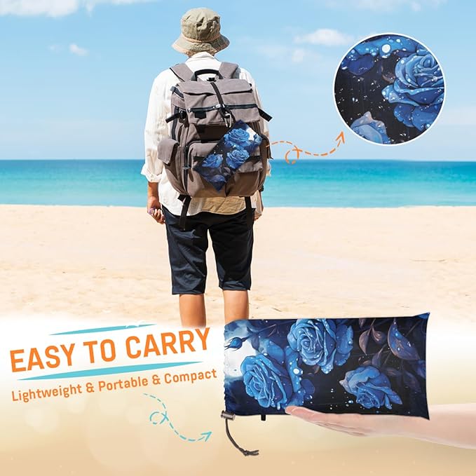 Waterproof Sandproof Beach Blanket 59''×68'' Rose Flower Polyester Outdoor Picnic Blanket with 4 Stakes &amp Storage Bag for BeachCampingVacation Blue