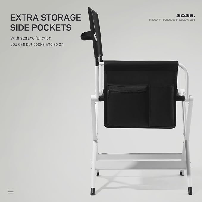 EVER ADVANCED Aluminum Directors Chair Folding Studio Movie Chairs Camping Event Vendor Chair 19 Seat Height Black Fabric/White Frame Support 350lbs
