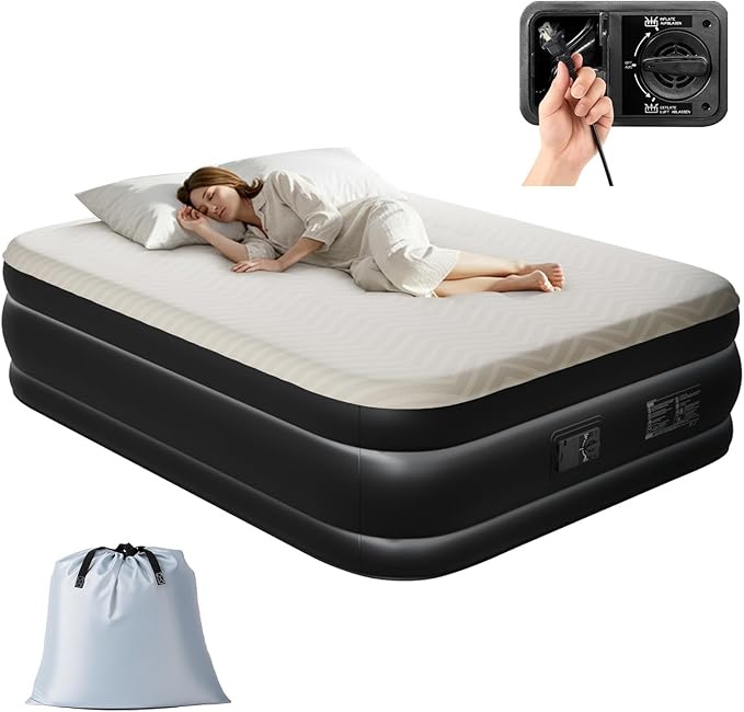 Outvita 18in Queen Air Mattress with Built-in Pump Foam Topper Inflatable Air Bed Quick Assembly Comfort Luxury Blow Up Sleeping Mat for Guests and Home Camping Travel 650lbs Weight Capacity