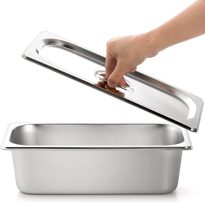 Kingrol 2 Pack 1/3 Size Hotel Pans with Lids 3-5/8 Depth 22 Gauge Steam Table Pan Stainless Steel Counter pan Food Service Pan for Kitchen