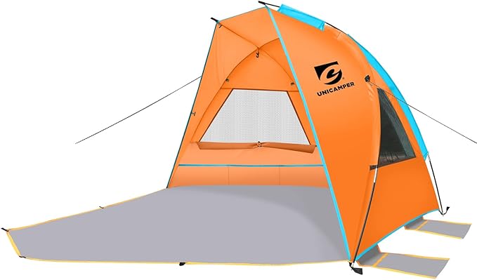 Beach Tent 2-3 Person Sun Shelter UPF 50+ with Extended Waterproof Pe Floor &amp 3 Mesh Roll Up Windows Fits Portable Beach Shade Easy Setup for Outdoor Camping Indoor Fishing Yard. (Orange)
