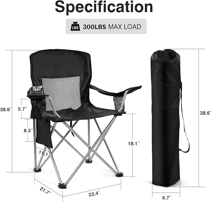 Simple Deluxe Outdoor Foldable Camping Chair with Cup Holder and Carrying Bag Camping Chair with 300lbs Capacity and Sturdy Material Suitable for Beaches Hiking and Camping Black