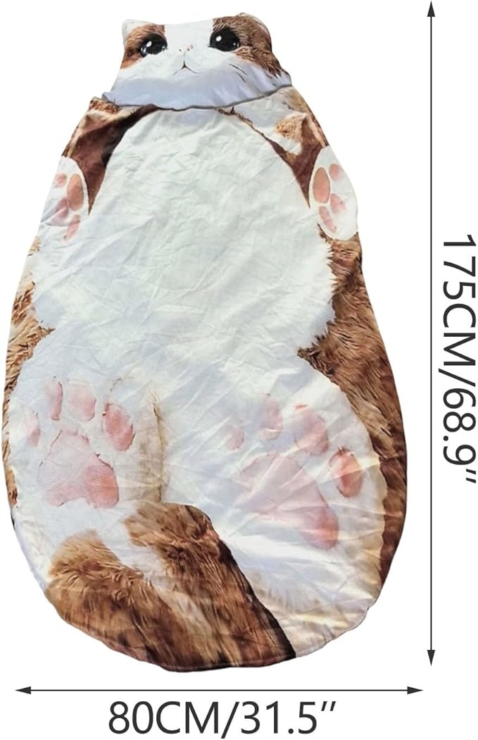 Fluffy Cat Sleeping Bag for Adults Plush Cat Shaped Sleeping Bag for Adults Adorable Cats Envelope Sleeping Bags Washable Warm Blanket for Camping and Home Lounging 68.9x31.5 Inch