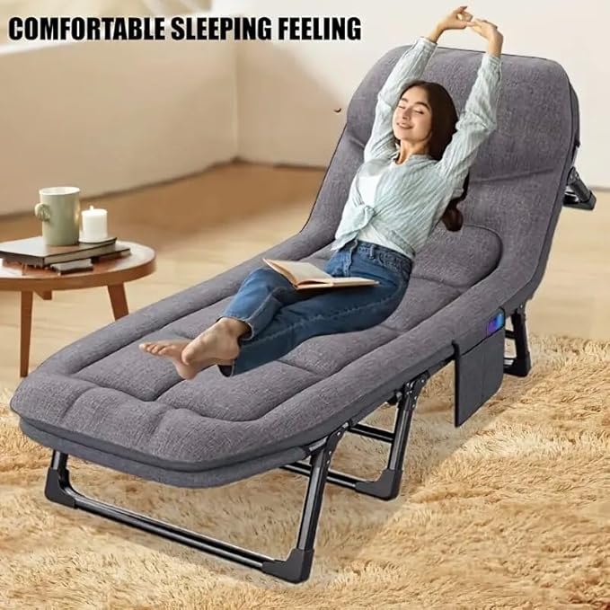 Leo IRis Portable Folding Camping Cot Oversize Adjustable 5-Position Adults Reclining Lounge Chairs with Pillow Heavy Duty Oxford Cloth 600D with Mattress (Gray - Luxury Bed)
