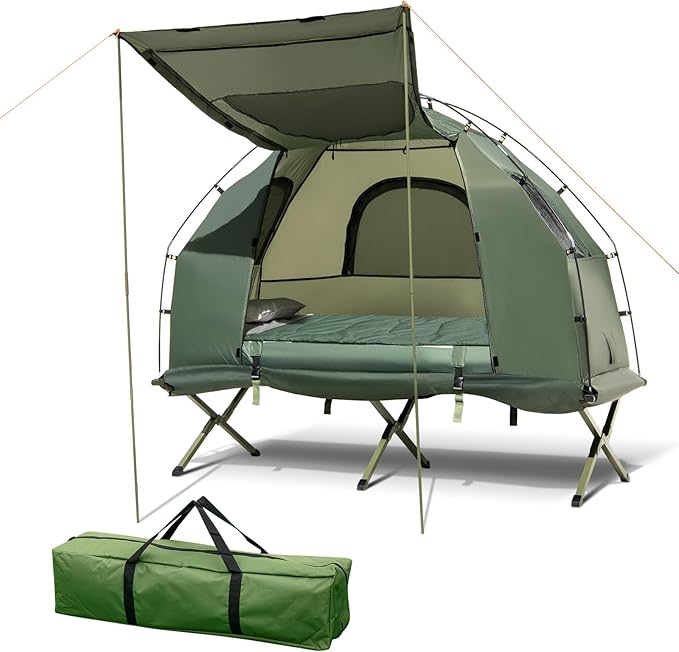 Tangkula 5-in-1 Tent Cot Combo With Awning Air Mattress Sleeping Bag Pillow Elevated Single Tent With Carrying Bag for Outdoor Camping Hiking Picnic Travel
