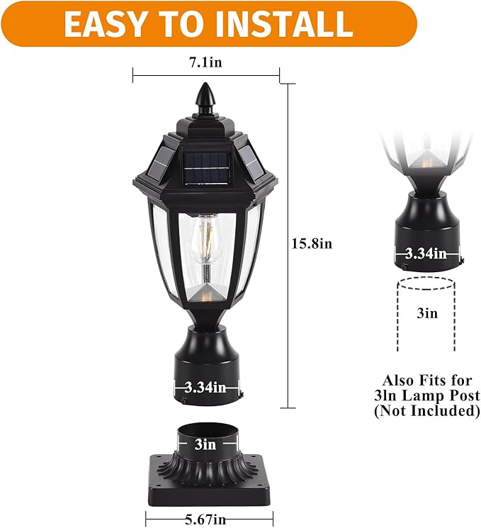 Solar Outdoor Post Lights 2 Pack Dusk to Dawn Outdoor Column Light with Pier Mount Base Black Exterior Solar Powered Pole Light for Outside Porch Yard Pathway Driveway