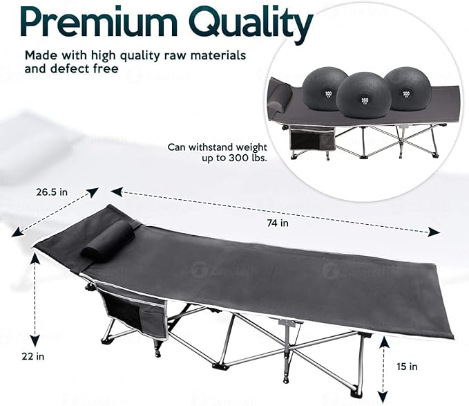 ZONETECH Folding Outdoor Travel Cot-Classic Grey Premium Quality Lightweight Portable Heavy Duty Adult and Kids Travel Cot with Large Pocket-Perfect for Hiking Camping and Outdoor Activity