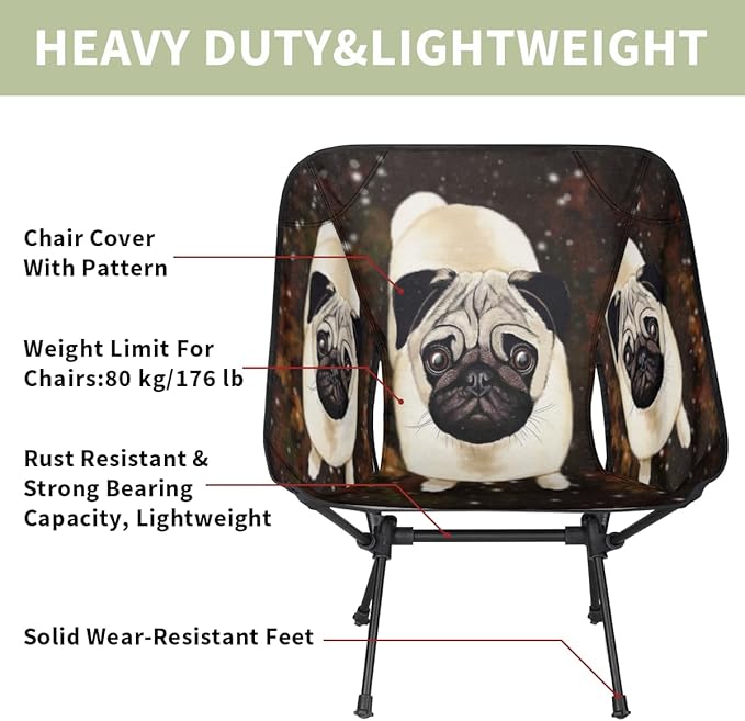 Cute Pug Dog Camping Chair Lightweight Portable Chairs for Adults Easy Installation Outdoor Foldable Camping Chair for Camping Fishing Hiking Picnic Beach