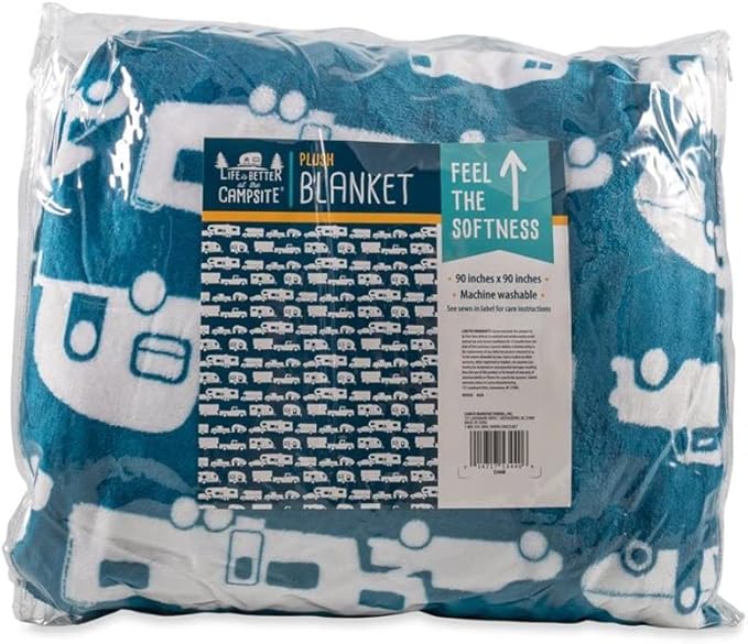 Camco 53440 Life is Better at The Campsite Plush Fleece Blanket Queen Size - Keeps You Warm While at Home Camping or on Picnics - Machine Washable - Features a Brand RV Print Blue