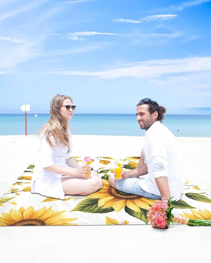 Beach Blanket Waterproof Sandproof Picnic Blanket 108x84 Foldable Beach Mat with Sunflower Watercolor Spring Flowers Pastoral Pattern for Camping Park Grass Beach Travel