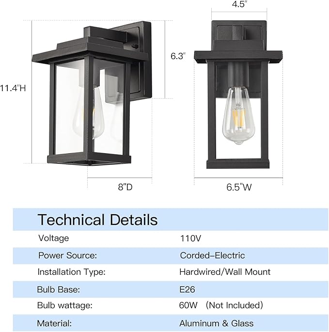 Outdoor Wall Light Fixtures Modern Exterior Wall Mount Lanterns Outside Wall Sconces in Black Finish with Clear Glass for Porch Patio Farmhouse 2-Pack