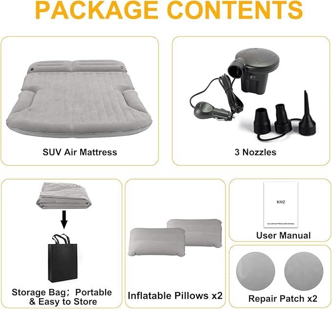 KMZ SUV Air Mattress Thickened and Double-Sided Flocking Travel Camping Bed with 2 Pillows &amp Electric Pump Dedicated Mobile Cushion Inflatable Bed for SUV Trunk and Rear Seat (Light Gray)