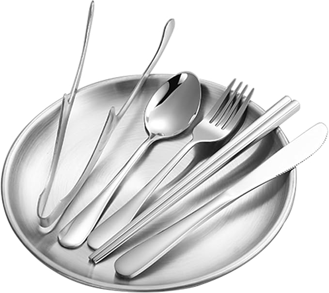 Stainless Steel Outdoor Camping Mess Kits - Includes Forks Spoons Knives Chopsticks Food Clip Plates - Portable Cutlery Bag