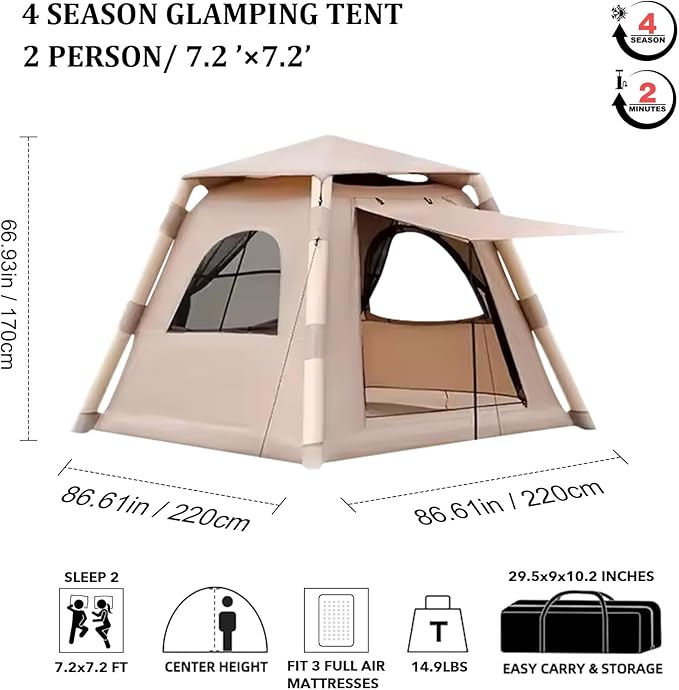 7.2' x 7.2' Inflatable Tents for Camping Easy Setup Inflatable Tent House4 Season Blow Up Camping Tent with Pump Waterproof Sunproof Outdoor Glamping House