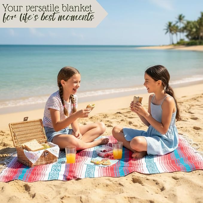 Authentic Handwoven Mexican Blanket Falsa Serape - Soft &amp Durable - Vibrant Beach Picnic Yoga &amp Camping Mat - Traditional Boho Throw - Outdoor Blanket 70x50 (Flame)