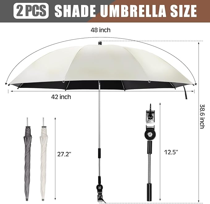 2 Set Reclining Camping Chair with Umbrella Clamp Adjustable Beach Chair with Foot Rest SPF 50+ Folding Shade Camping Lounger Recliner for Adult Outdoor(Grey WhiteOxford)