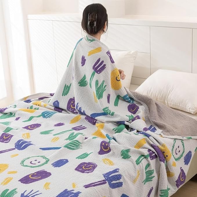 Bnitoam 100% Cotton Bed Blanket Twin Size 60x80 3 Layer Muslin Blanket Cooling Breathable Lightweight Summer Gauze Throw for Hot Sleepers Kids Birthday Gift (Print 60x80)
