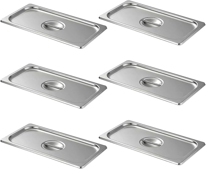 1/3 Size Slotted Steam Table Pan Cover with Handle 6-Pack Hotel Pan LidsAnti-Jam Food Pan Cover Catering Food Cover for Stainless Steel Metal Tray Set