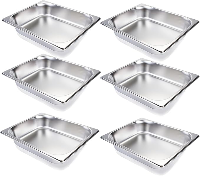 6 Pack Half Size Hotel Pans 1/2 Size Steam Table Pan 2.5 Inch Deep Commercial Stainless Steel Pan for Food Catering Pan for Hotel Buffet Restaurant and Party