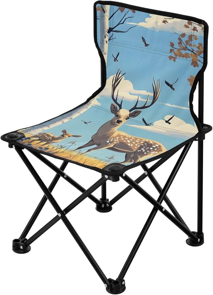 Deer in Woods Portable Camping Chairs Folding Chair - Durable Oxford Fabric Lightweight Iron Frame Easy Fold Design - Ideal for Outdoor Activities Camping Fishing and Travel