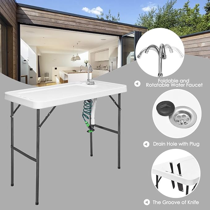 Goplus Portable Fish Cleaning Table with Sink Folding Outdoor Camping Sink Station with Hose Hook Up Heavy Duty Fillet Table with Faucet for Dock Beach Patio Picnic