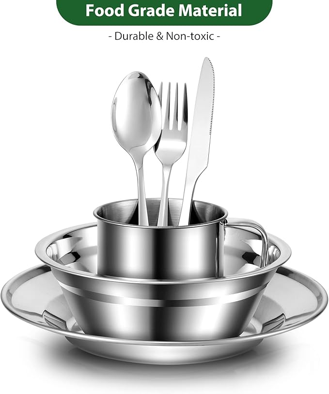 Odoland 29pcs Stainless Steel Utensils Camping Mess Kits with Bowls Plates Cups Forks Spoons and Knives for 4 Cutlery Flatware Set for Backpacking Outdoor Camping Hiking and Picnic