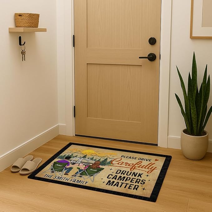 Personalized Camping Entry Doormat with Custom Family Name – “Life is Better When You’re Camping” RV Floor Mat for Trailer Cabin or Motorhome Doorway – Gift Idea for Outdoor Travel Lovers