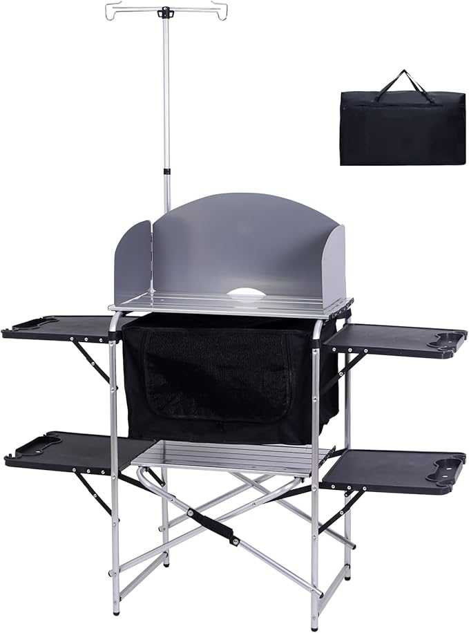Nice C Camping Kitchen Station Camping Table Picnic Table Grill Table Folding Table Upgrade Light Stand and Windshield Cooking Station &amp Organizers Carry Bag for Beach Picnic (Silver/Black)
