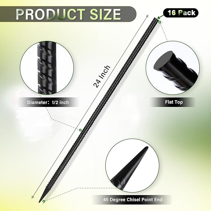 24 Inches Rebar Stakes(16pcs) Heavy Duty Straight Metal Ground Anchors with Chisel Point Ends for TimberConcretePlant SupportCamping Tents1/2 Inch Thickness Garden StakesBlack