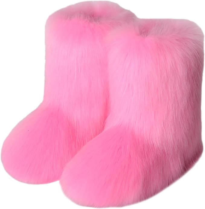 Womens Furry Faux Fur Booties Winter Warm Snow Ankle Boots Fuzzy Fluffy Furry Mid Calf Boots Outdoor Comfy Flat Shoes