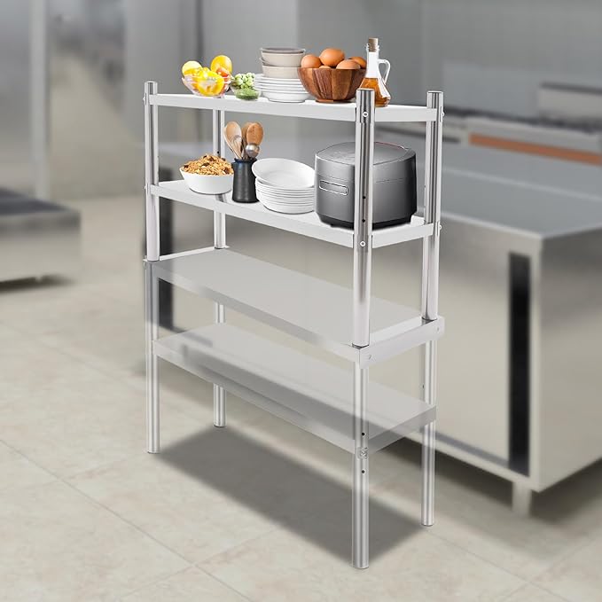 Stainless Steel Double Tier Overshelf 12 * 36in Commercial Heavy Duty Shelving Height Adjustable Shelf Storage for Prep &amp Work Table in Restaurant Home and Kitchen (12 * 36in)