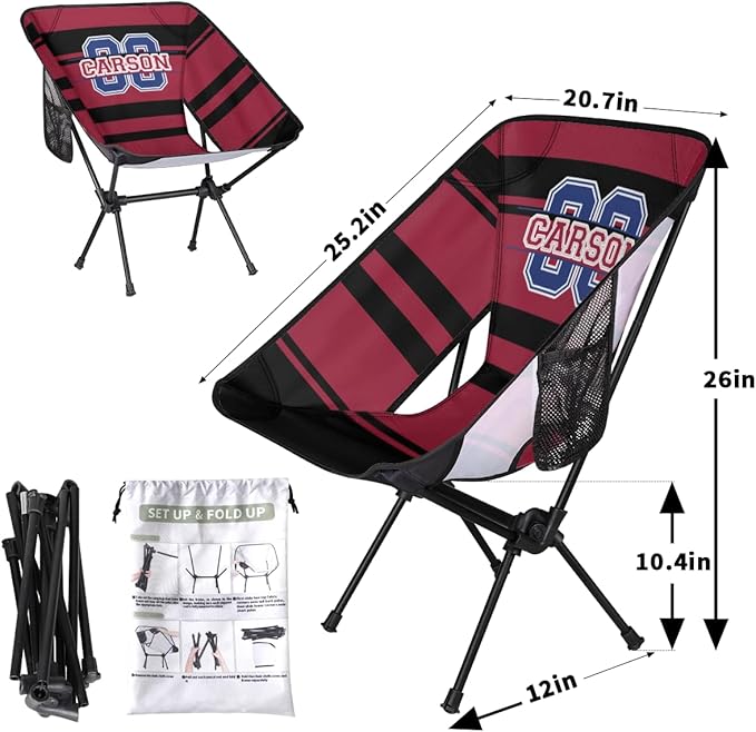 Custom Camping Chair Personalized Foldable Indoor Outdoor Chair Customized Name Lightweight Backpacking Chairs for Sports Basketball Football Baseball Team