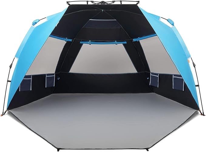 Easthills Outdoors Instant Shader Dark Shelter XL Beach Tent 99 Wide for 4-6 Person Sun Shelter UPF 50+ with Extended Zippered Porch Pacific Blue