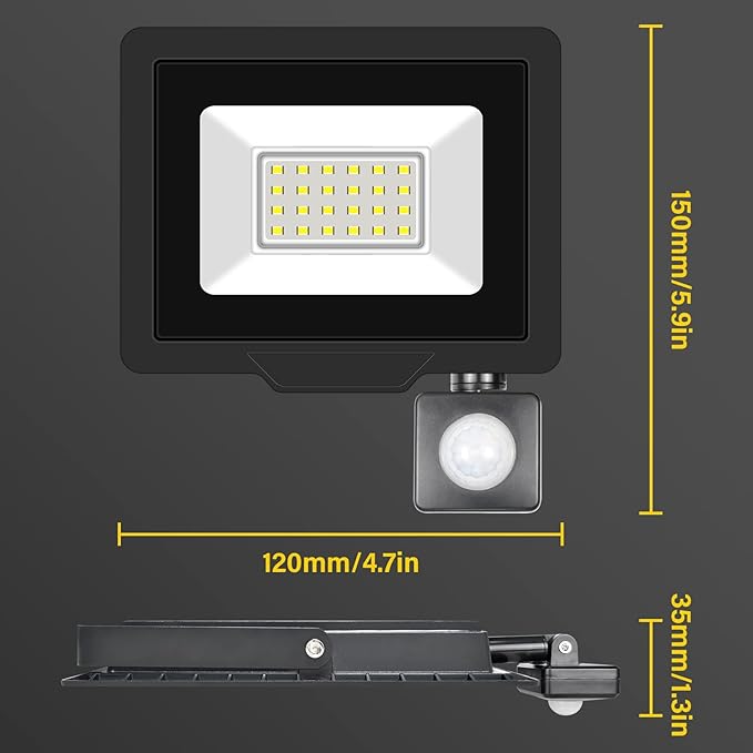 20W Motion Sensor Flood Light Outdoor 2000 LM Outdoor LED Spotlight IP66 Waterproof 6000K Daylight Security Lights for Garden Garage Yard Sports Ground （2 Pack） 110V