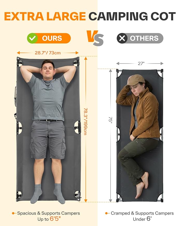 Sportneer Camping Cot 78.3x28.7x14.6 Sturdy 6-Leg Foldable Guest Bed for Adults with Storage Bag &amp Side Pocket Compact Portable Design 330 LBS Support
