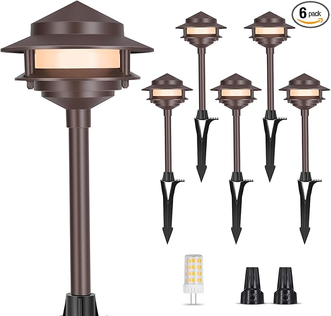 Gardencoin Pagoda Low Voltage Landscape Pathway Lights 12V Outdoor LED Path Lights Wired Aluminum Walkway Lighting with 4W 2700K Replaceable G4 Bulb Bronze Classic 2-Tier Lantern 6 Pack