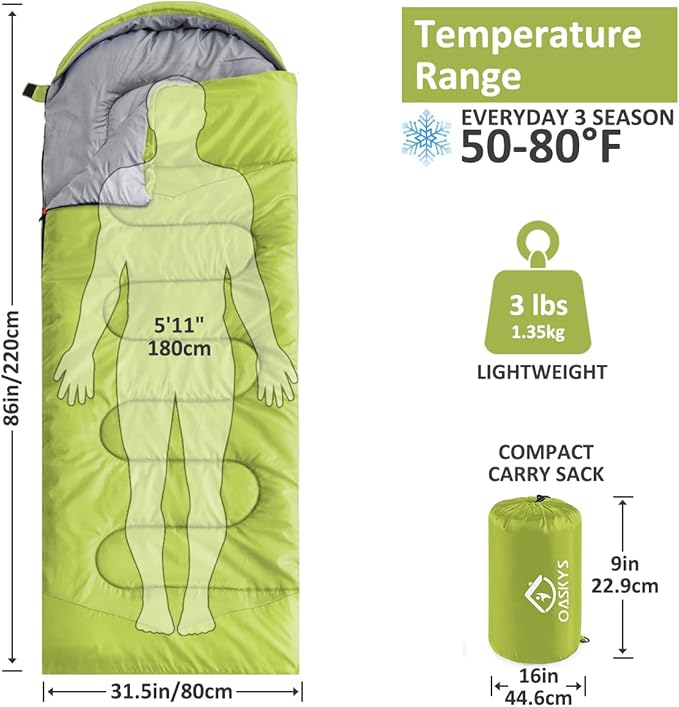 oaskys Camping Sleeping Bag - 3 Season Warm &amp Cool Weather - Summer Spring Fall Lightweight Waterproof for Adults Kids - Camping Gear Equipment Traveling and Outdoors