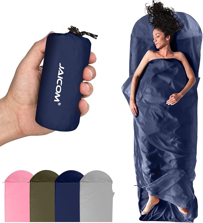 Ultralight Sleeping Bag Liner - 5.3 oz Washable Adult Sleep Sack &amp Travel Sheets Self Tan Sleep Sack with Two-Way-Zipper for Backpacking Hotel Camping Travel