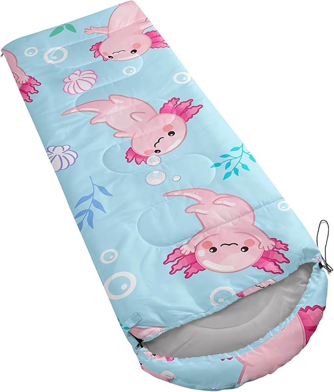 QOOMO Axolotl Cute Camping Sleeping Bags3 Season Warm &amp Cool WeatherLightweightWaterproof Sleeping Bags for Adults &amp KidsTravelingand Outdoors