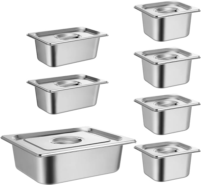 Maxdot 7 Set Stainless Steel Hotel Pan 1/2 1/4 1/6 Size 4 Inch Deep with Lids Stainless Steel Steam Table Pan Commercial Food Pans for Restaurant Catering Salad Bar Party Supplies Metal Steam Tray