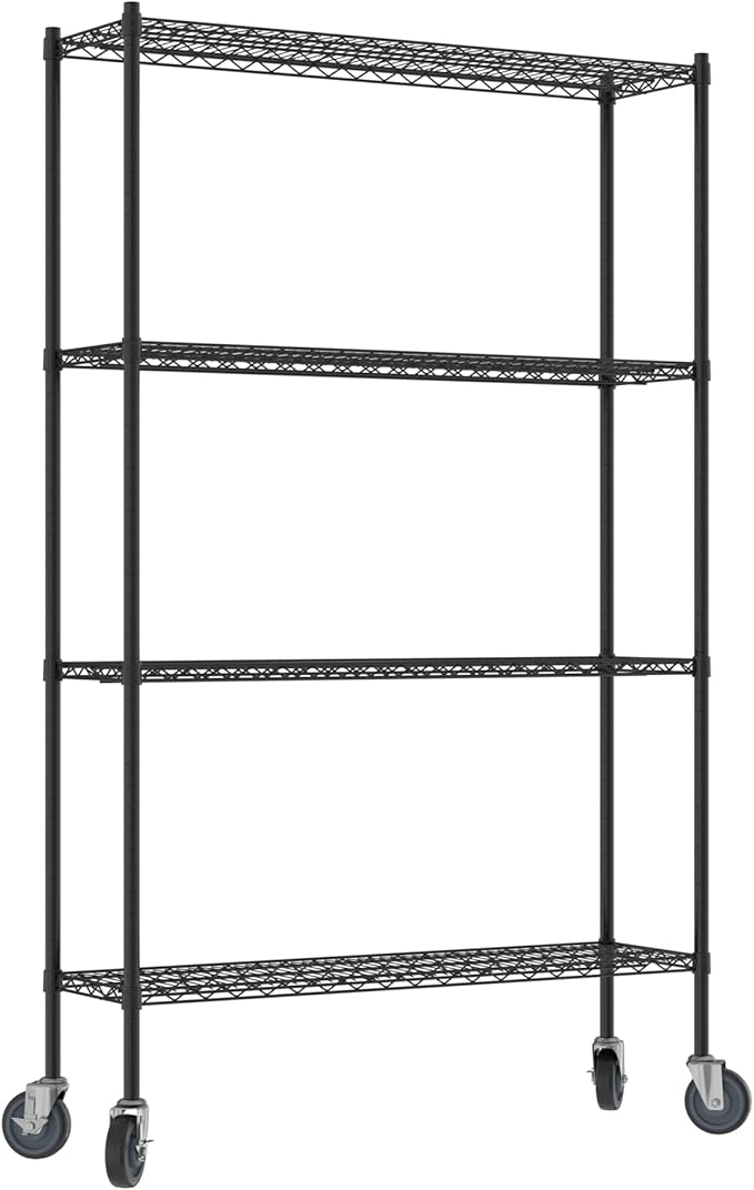Commercial NSF Listed Black Epoxy Mobile Wire Shelving Kit 14 x 48 x 80 with 4 Shelves Perfect for Warehouse Walk-in Refrigerator Freezer Grocery Store Restaurant Dishroom
