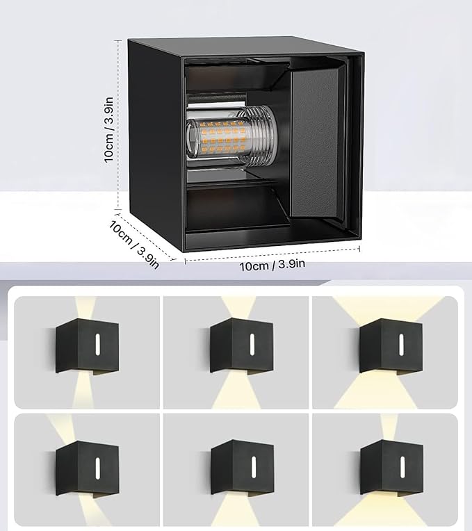 Outdoor Wall Lights G9 Socket Up and Down Lights IP65 Waterproof Wall Sconces Exterior/Interior Modern Square Aluminum Black Outdoor Wall Lighting Fixtures With 9W 3000K Bulb Adjustable Light Angle