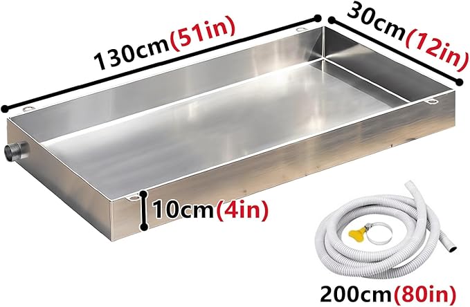 304 Stainless Steel AC Drain Pan with 4 Flexible Hose Leakproof Drain Tray for Air Conditioners Kitchens &amp Plants - 130x30cm (51x12in) with Welded Lugs