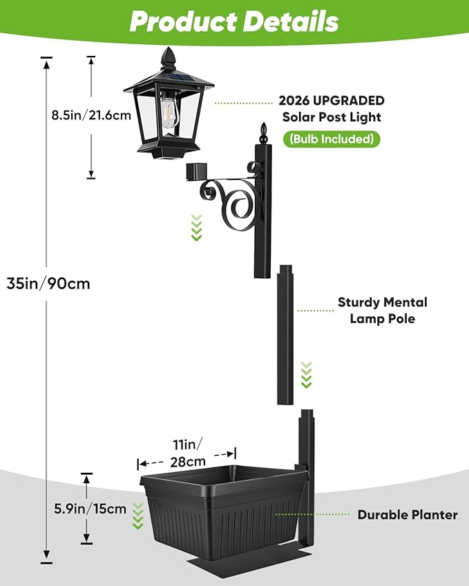 2 in 1 Outdoor Flower Pots 35” Solar Lamp Post Light with Planter Metal Pole &amp IP65 Waterproof Freestanding Outdoor Planters Decorative Solar Lamp for Outside Front Door Yard 1-Pack