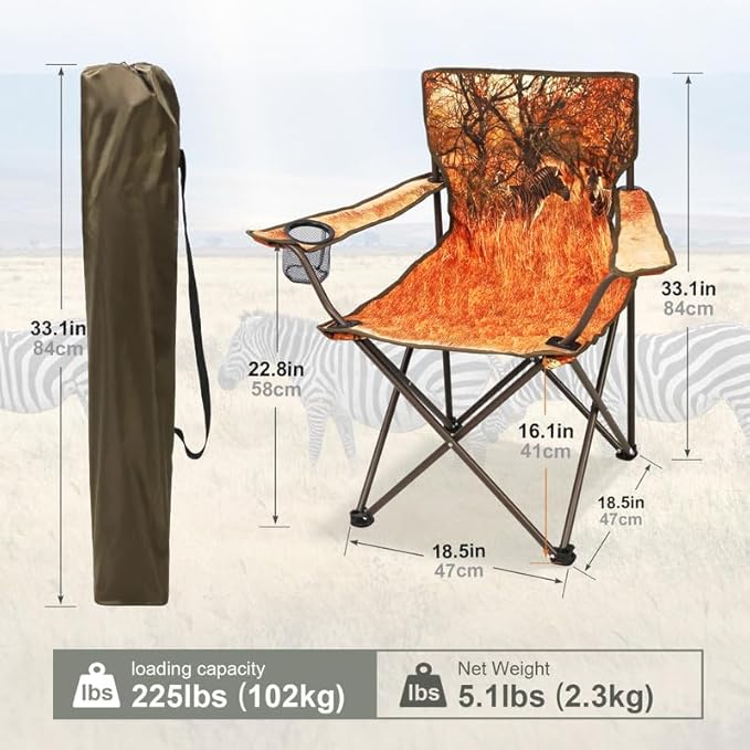 2 Pcs Animal Pattern Camping ChairFolding Backpacking Lightweight Beach Chair w/Cup HolderSide PocketCarry BagPortable Adults Lawn Chair for Family OutdoorHikingPartiesZebra