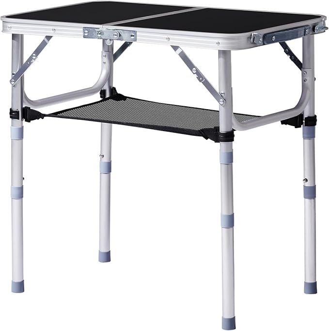 Portable Aluminum Folding Camping Table3-Height Adjustable Lightweight Outdoor Table with Mesh Storage Carry Handle for Picnic BBQ Beach Hiking (Black 2ft)